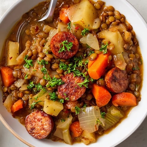 Herzhaftes Linseneintopf-Rezept mit geräucherter Wurst, ideal für kalte Wintertage.  