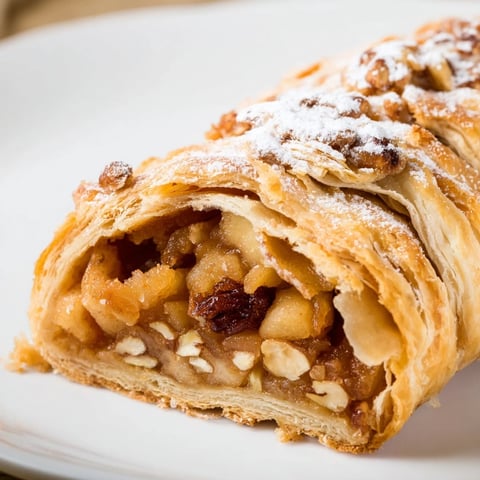 Golden, flaky Apple Strudel with a dusting of powdered sugar, perfect for dessert.