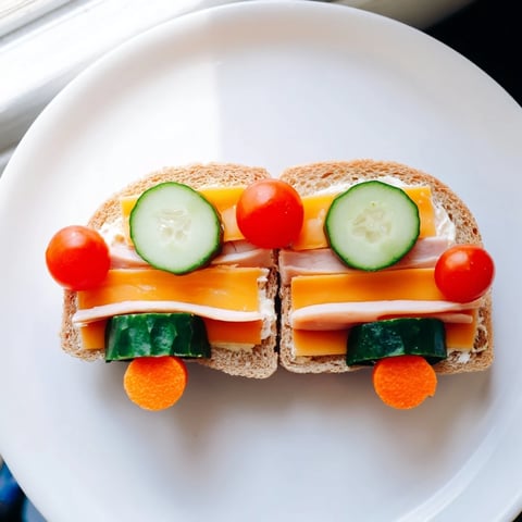 Road Trip Ready Car-Shaped Lunch sandwiches in a fun, colorful car shape layout, perfect for lunchboxes.