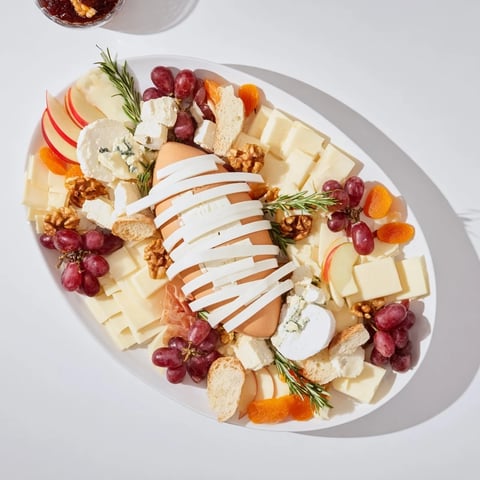 Oval Rugby Ball Cheese Board arranged with cheeses, fruit, nuts, and charcuterie, ready to serve and enjoy.