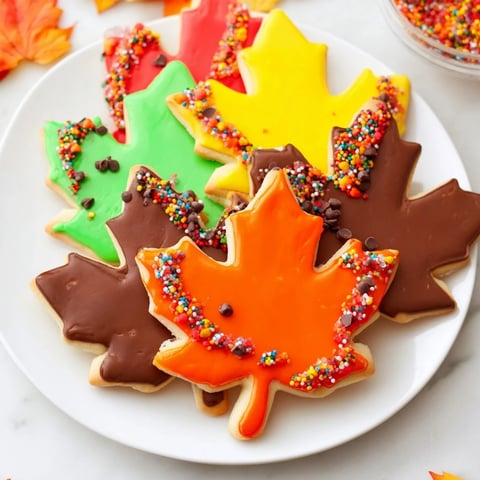 Golden maple leaf cookies, decorated with vibrant icing and sprinkles, ready for sharing and enjoyment.