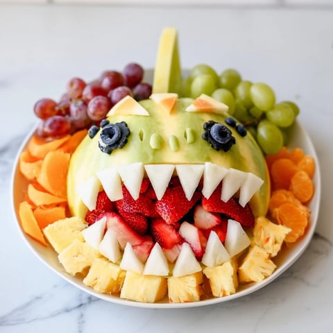 Watermelon Shark Bite Board overflowing with vibrant fruits, a fun and delicious party snack.