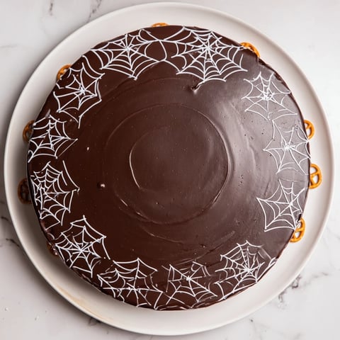 A dark chocolate Spiderweb Chocolate Ganache board, inviting with fresh fruit and dippable snacks.
