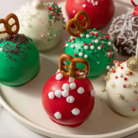 Festive ornament ball cake pops, coated in colorful candy melts, arranged for a holiday party.