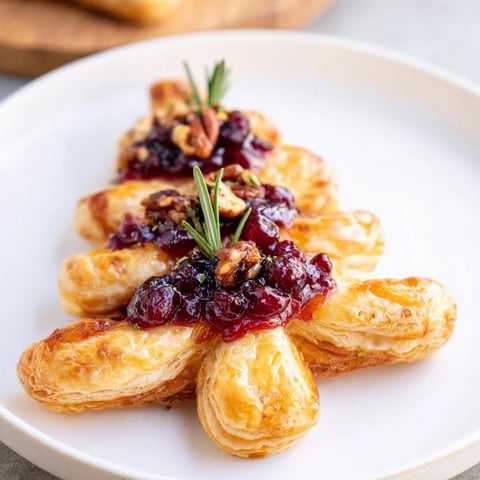 Golden Brie en Croûte Pine Tree, baked in flaky pastry, with cranberry filling, and golden brown.