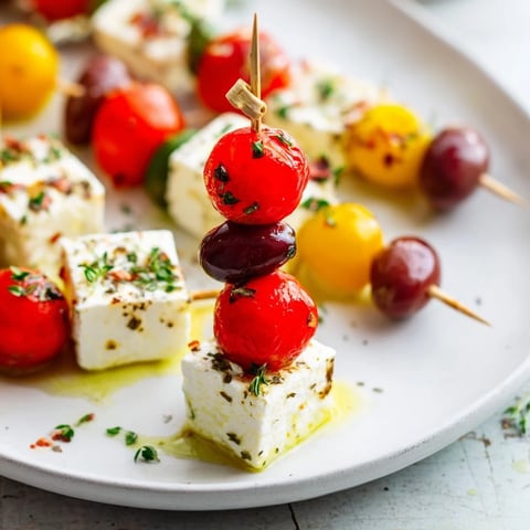 Festive and colorful Holiday Cheers Olive and Feta Skewers, a delicious appetizer ready to serve immediately.