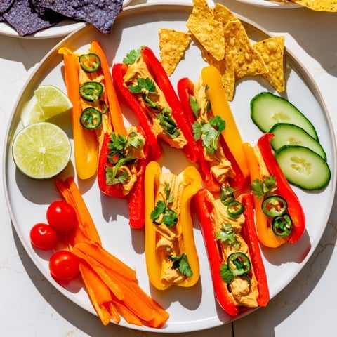 A colorful Spicy Chili Pepper Fiesta appetizer platter with vibrant bell pepper strips and dips.