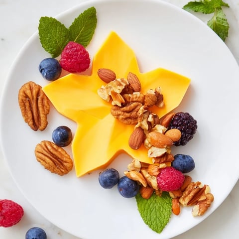 Festive Shooting Star Cheese Board overflowing with colorful berries and crunchy nuts for serving.