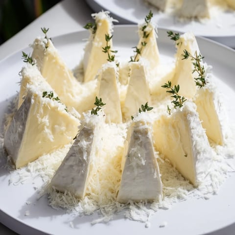 Elegant Snowcapped Range appetizer with creamy Brie and Parmesan snow, ready to serve with crackers.