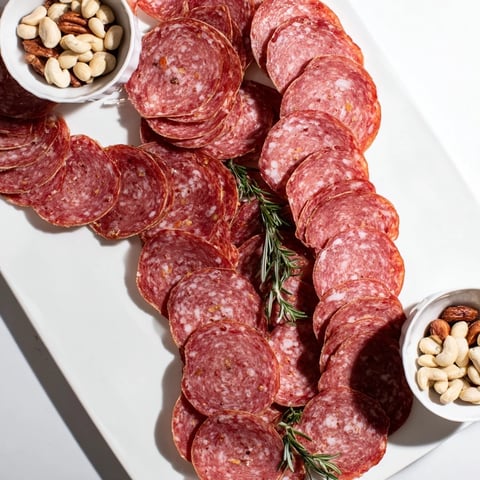 An infinity loop of salami gracefully encircles mixed nuts, a creative appetizer idea.