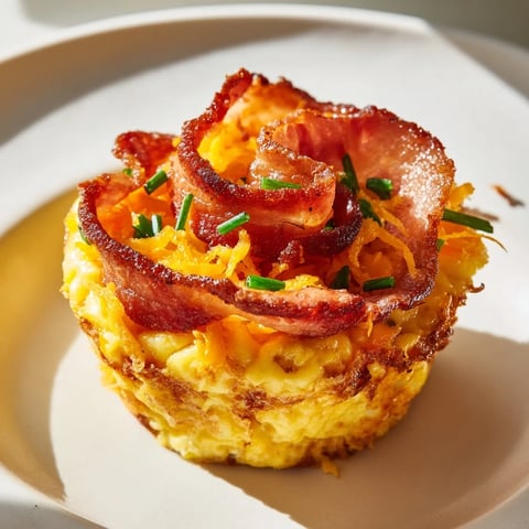 Golden-brown Scrambled Egg Cups with crispy bacon: a delicious brunch side ready to enjoy.