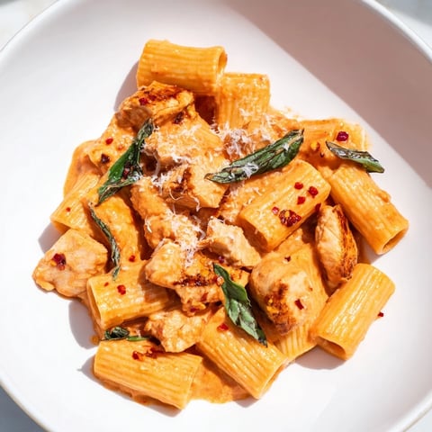 Creamy Spicy Vodka Chicken Pasta, topped with fresh basil and Parmesan, offers visual appeal.