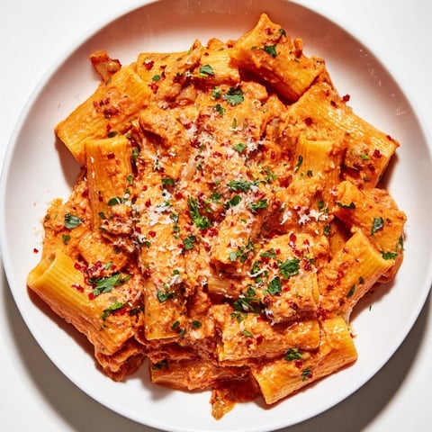 Creamy Gigi Hadid-Style Spicy Rigatoni is pictured, pasta coated in a rich, vibrant vodka sauce.