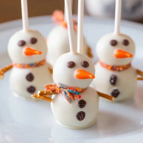 An adorable Oreo Snowman Cake Pop, complete with mini chocolate chip eyes and a carrot nose.