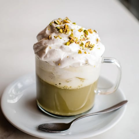 A warm mug filled with a creamy pistachio latte cloud, topped with fluffy white cold foam.