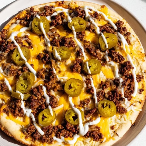 Saftige Ground Beef Taco Pizza mit geschmolzenem Käse, Jalapeños und cremiger Sour Cream.