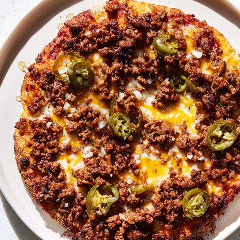 Here are the three ALT texts for the Spicy Ground Beef Pizza Base, following all the requirements: