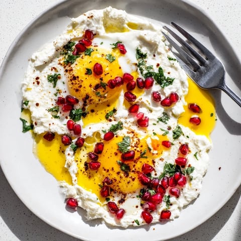 Creamy yogurt and perfectly poached eggs adorn a plate of Çılbır, ready for a flavorful Turkish breakfast.