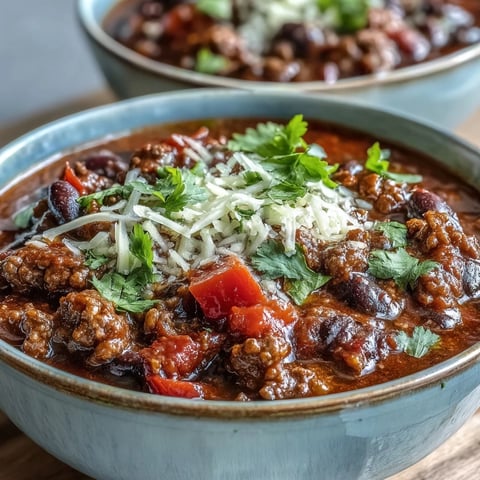 Slow Cooker Chili mit Rindfleisch und Bohnen, dampfend in einer Schüssel serviert