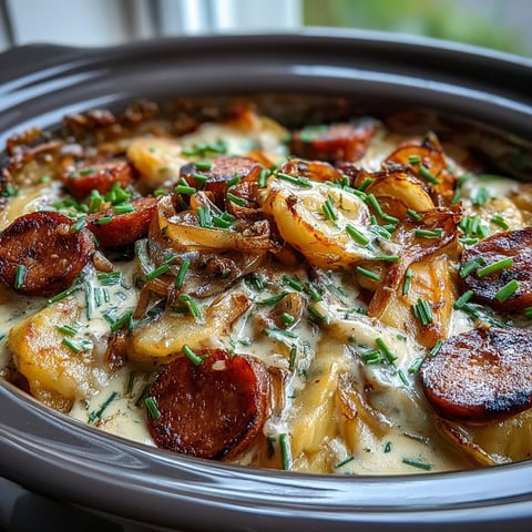 Crockpot Pierogi Casserole With Kielbasa mit cremiger Käsesoße und frischen Schnittlauch garniert