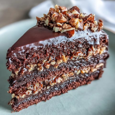 Das reichhaltige Chocolate Celebration Cake zeigt eine Schokoladenglasur und glänzende Hazelnut Praline auf einem Teller.