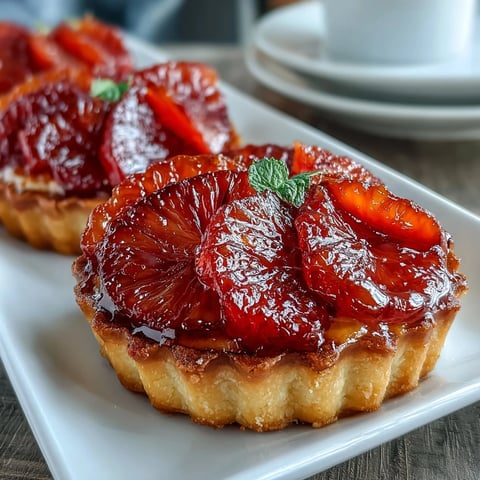 Crisp tart shells filled with silky vanilla custard and topped with vibrant blood orange slices, perfect for spring gatherings.  