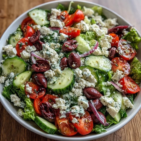Frischer griechischer Salatbowl mit knackigem Römersalat, cremigem Feta und würzigen Kalamata-Oliven.