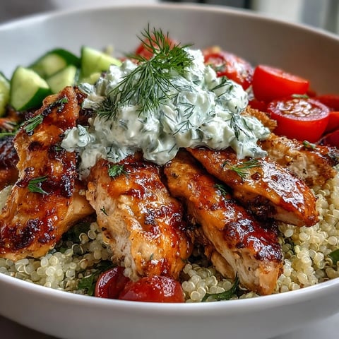 This bowl features fluffy quinoa topped with juicy grilled lemon-herb chicken, fresh cucumbers, cherry tomatoes, and creamy tzatziki.