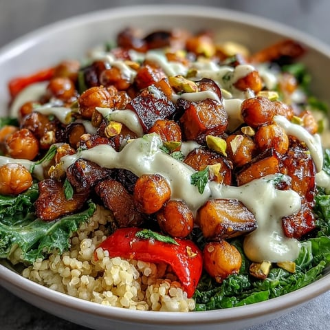 Frisch zubereiteter Mediterranean Buddha Bowl Meal Prep mit cremiger Tahini-Sauce, knusprigem Kürbis und pistazien-gesäumtem Bulgur-Pilaf.