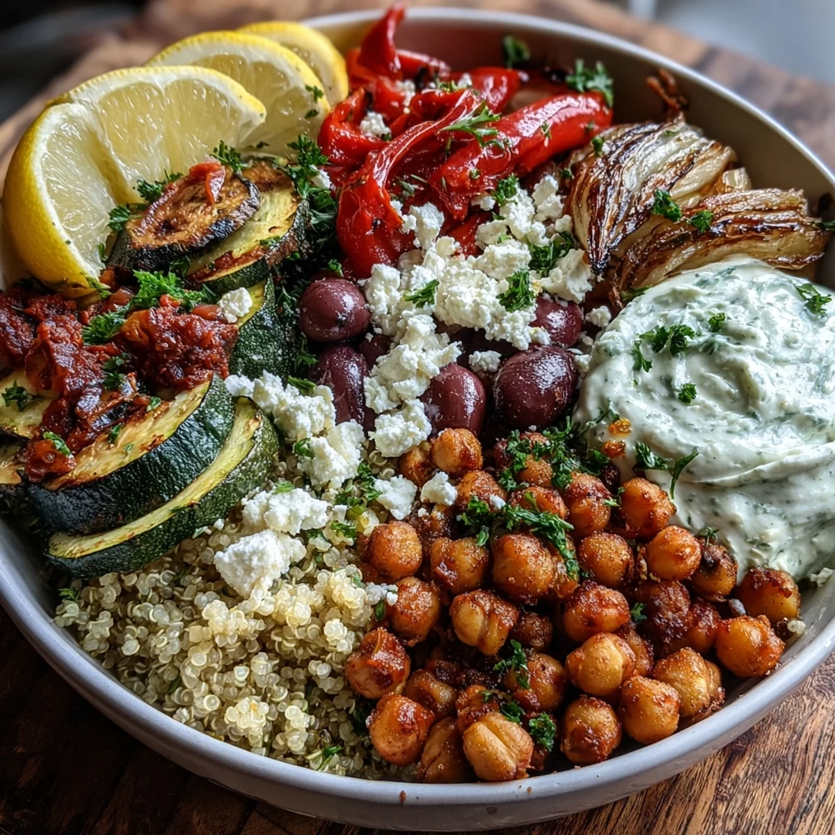 Fluffy quinoa and vibrant roasted vegetables in a colorful Mediterranean Buddha Bowl topped with hummus and feta.