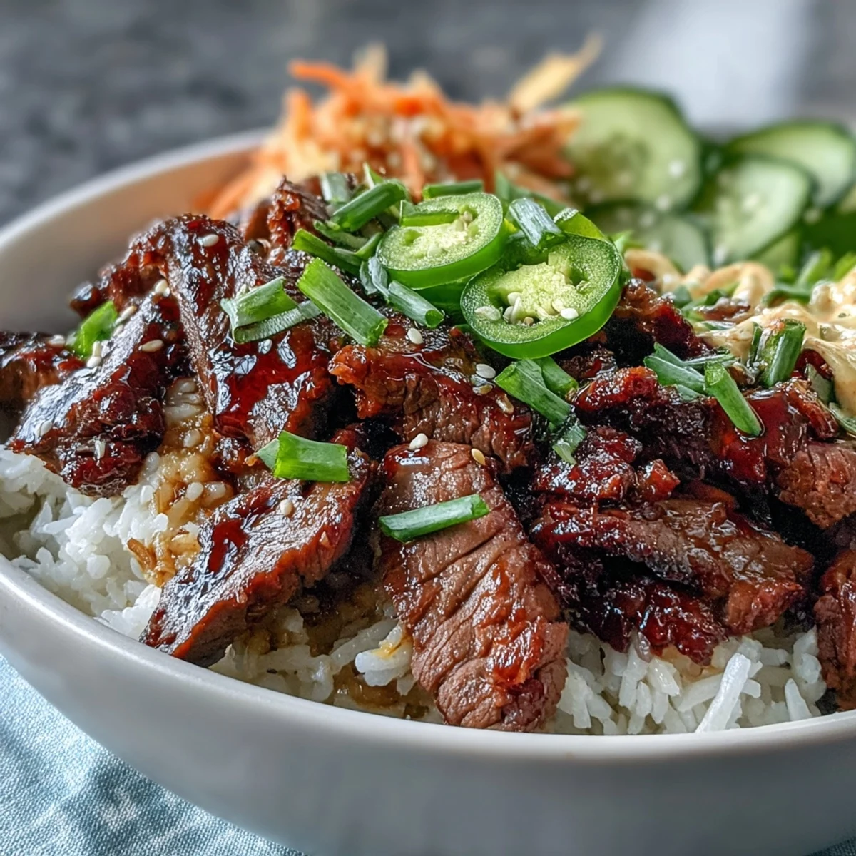 Ein Korean Beef Power Bowl mit mariniertem Rindfleisch auf Reis, Gewürzgurken, Gurken und Sriracha Mayo auf einer Schüssel.