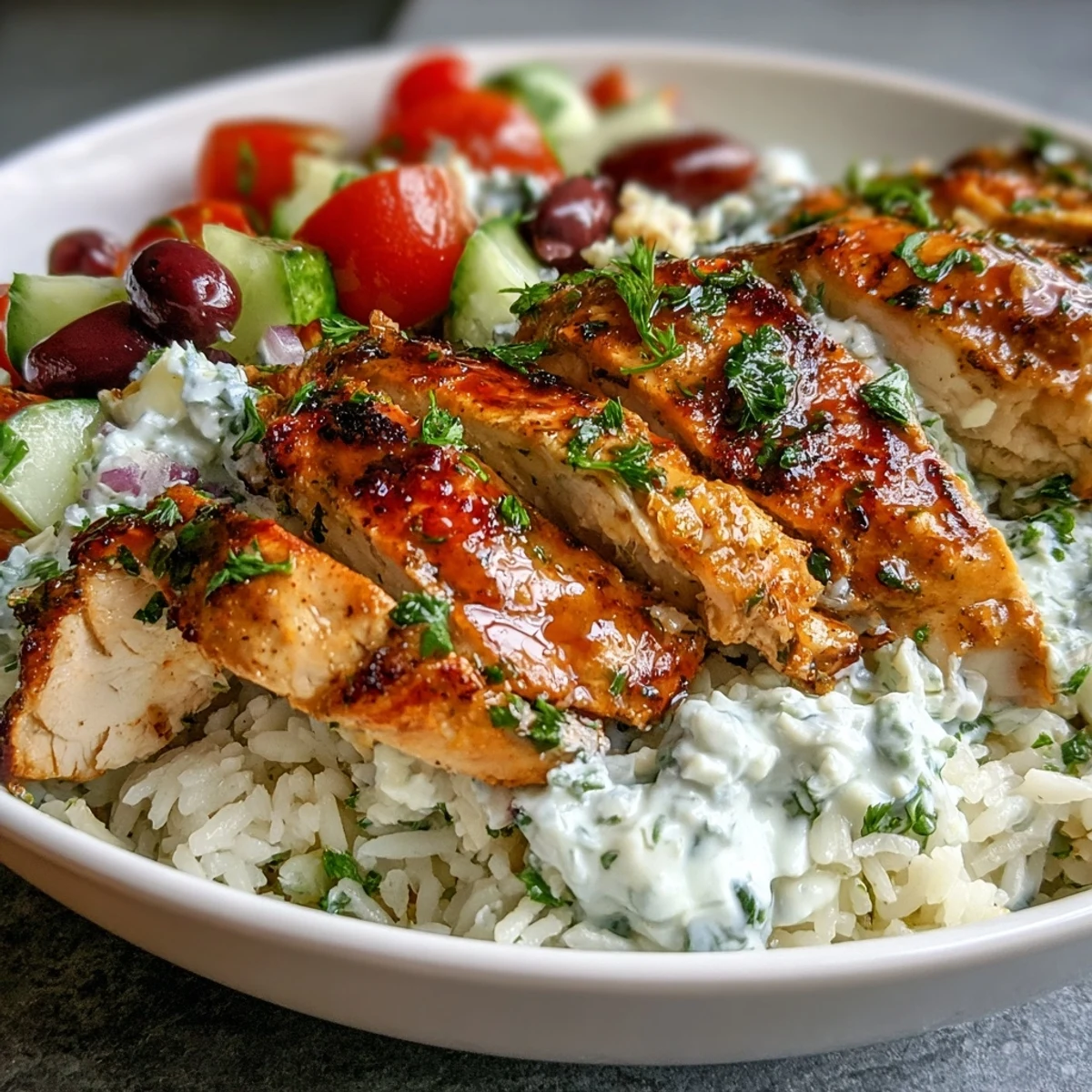 Greek Chicken Bowl mit saftigem Hähnchen, duftendem Kräutereis und knackigem Tomaten-Gurken-Salat auf einem Teller.