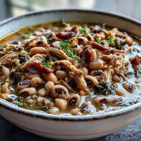 Slow-cooked Crock-Pot Black-Eyed Peas with Smoked Turkey served hot in a rustic bowl.