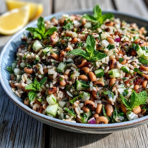 Eine Schüssel Southern Black Eyed Pea Salad mit braunem Reis, knackigem Gemüse und frischer Minze.