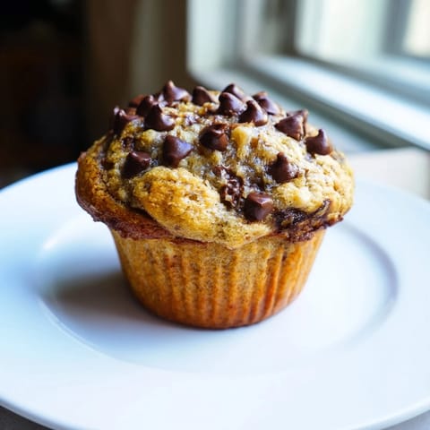 Warm Banana Chocolate Muffins with visible chocolate chips, a delicious American snack or dessert.