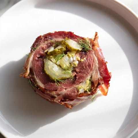Close-up of savory mini rouladen, filled with bacon and pickles, perfect for a party appetizer.