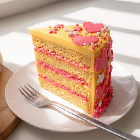 Vibrant Château de Princesse Cœurs et Étoiles cake, layered with pink and yellow frosting, ready to serve and enjoy.