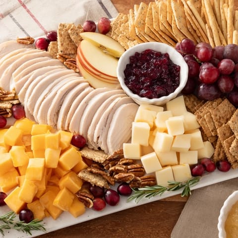 Delicious array: thinly sliced turkey, creamy cheese cubes, and crackers on a Turkey Cheese and Cracker Board!