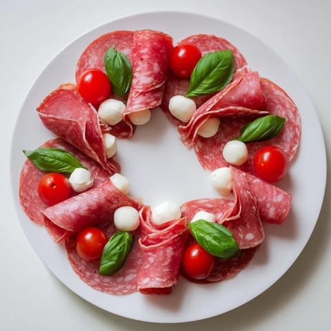 Vibrant Folded Salami Wreath, a gluten-free appetizer perfect for your charcuterie board, with fresh basil.