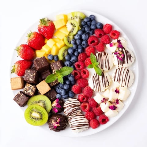 This The Sweet Dessert Decadence showcases an array of chocolates, berries, and cookies on a platter.