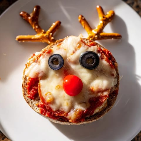 Warm, homemade Reindeer Face Pizza Bagels are a fun and festive appetizer or snack.
