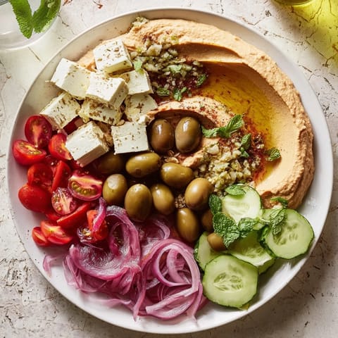 Vibrant Mediterranean Mezza Platter with colorful dips, fresh veggies, and pita bread for sharing.