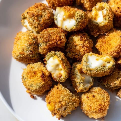 *   Close-up of melty cheese and crunchy breading on delicious homemade Crispy Chickle Bites.