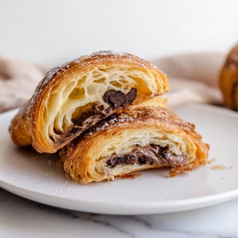 Flaky layers of a cookie croissant, boasting gooey dough and ready for a sweet breakfast.
