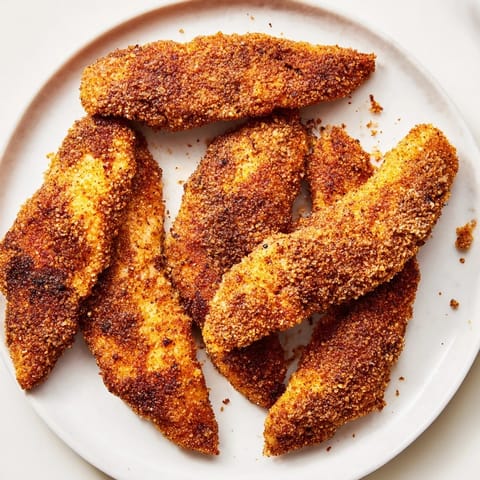 Delicious, air-fried crispy chicken tenders, seasoned and cooked to a beautiful, golden hue.