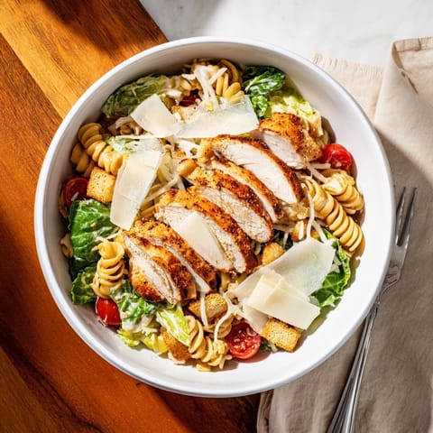 Lebhafte Aufnahme der Spicy Chicken Caesar Pasta in einer hellen Küche, garniert mit Cherrytomaten und Croutons für visuelles Interesse.