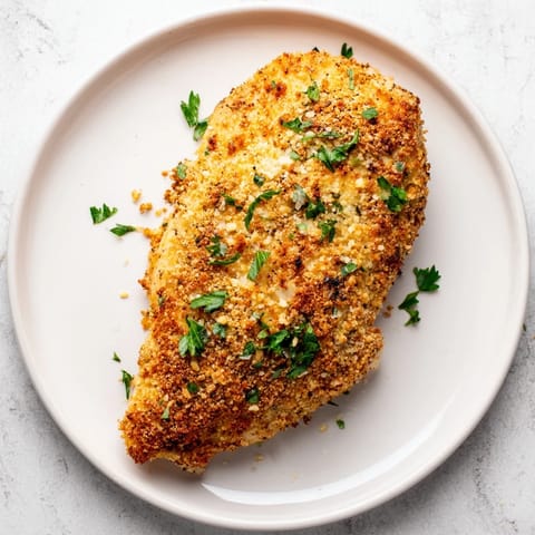 Geröstetes Knoblauch Parmesan Hähnchen mit goldbrauner, knuspriger Kruste aus Parmesan und Kräutern, serviert auf einem Blech.