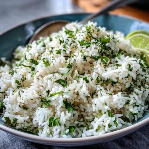 Fluffy Cilantro Lime Rice in a white bowl with lime wedges and fresh herbs.