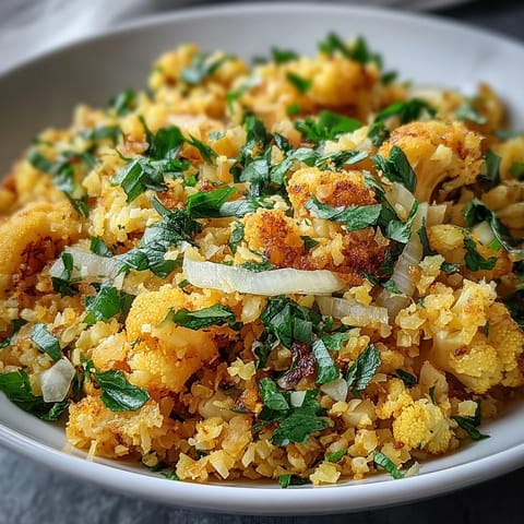 Golden turmeric cauliflower rice sautéed with onion, garlic, and spices in a skillet, topped with fresh cilantro and lemon wedges.