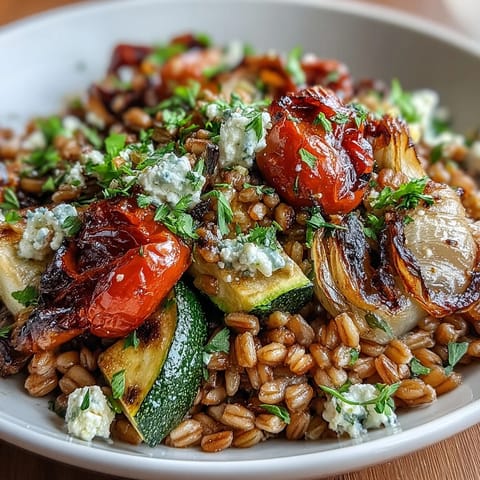 Genießen Sie dieses warme Farro mit geröstetem Gemüse, perfekt als Hauptgericht serviert.
